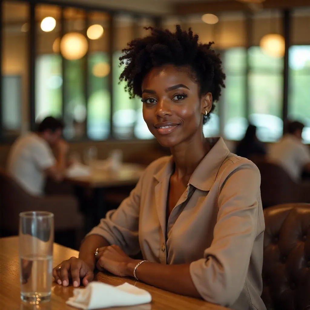 Candid Photoreal Portrait of a Black Woman in a Modern Restaurant
