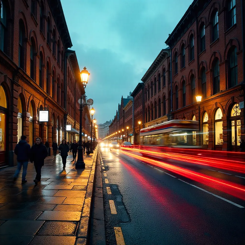 Motion Blur of Buses by Historic Brick Building