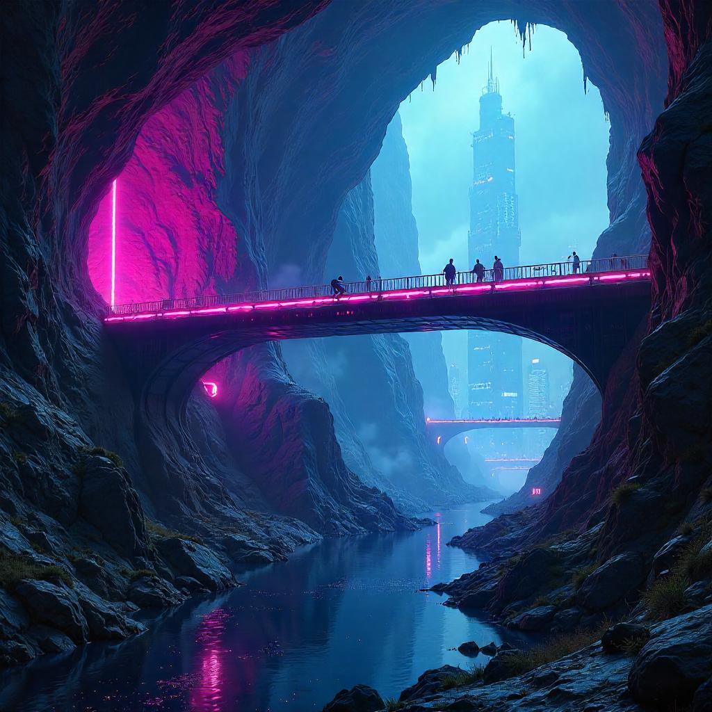 Neon Bridge in a Cavern: Cyberpunk Grotto