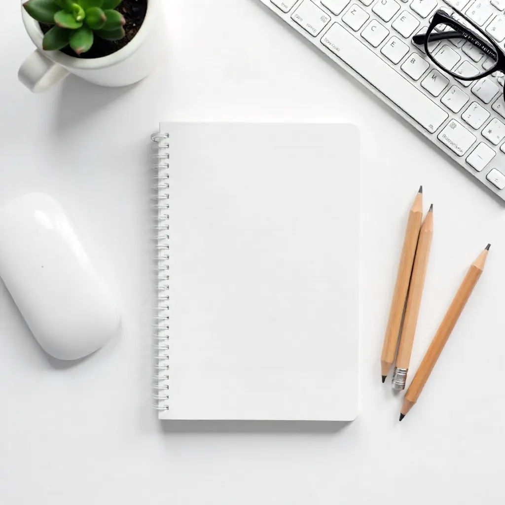 Minimalist White Home Office: Glasses, Notebook, Keyboard