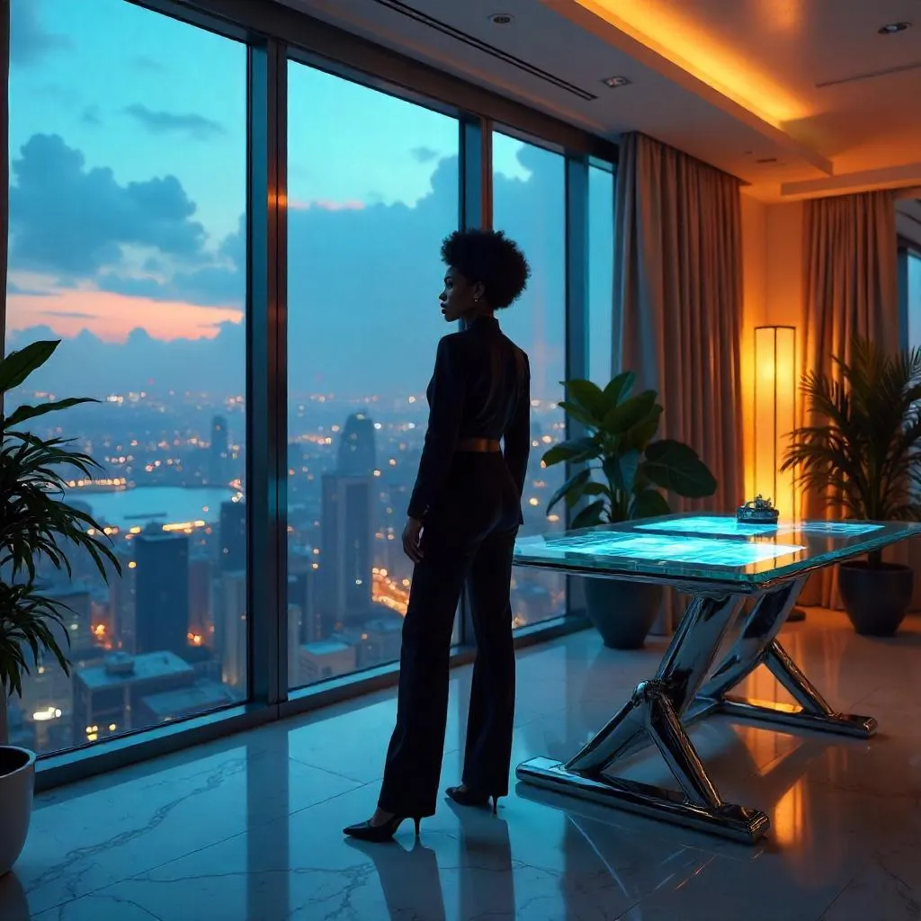 Confident Black Woman in a Futuristic Penthouse
