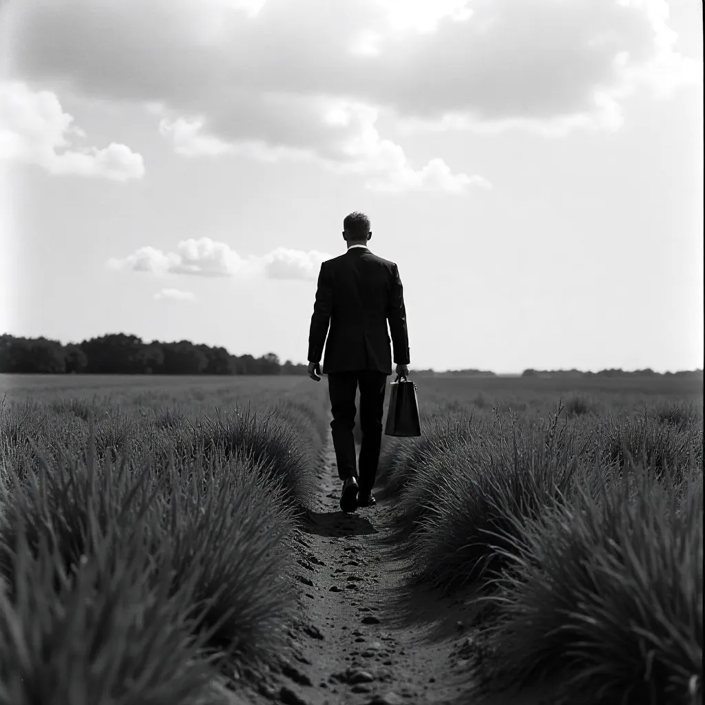 Solitary Businessman Across a Monochrome Field