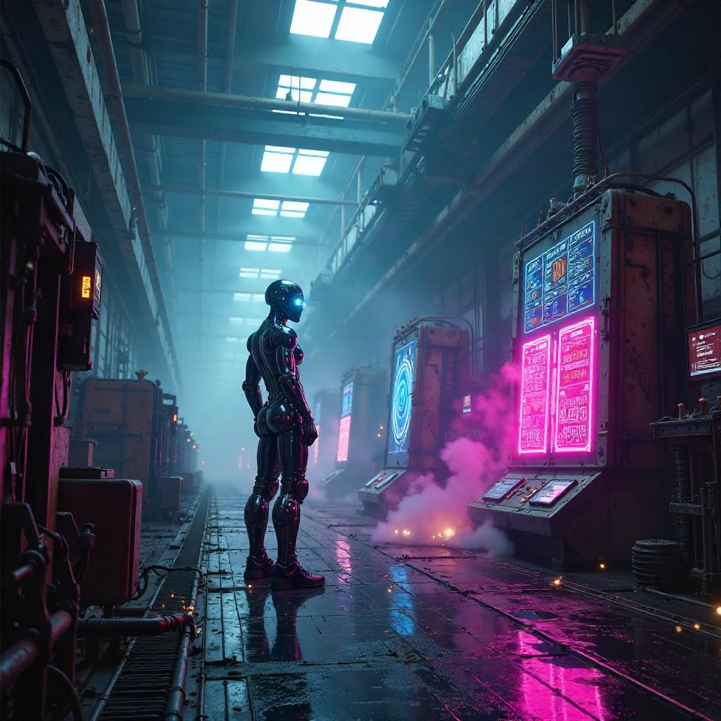 Neon Android in a Dystopian Robot Factory