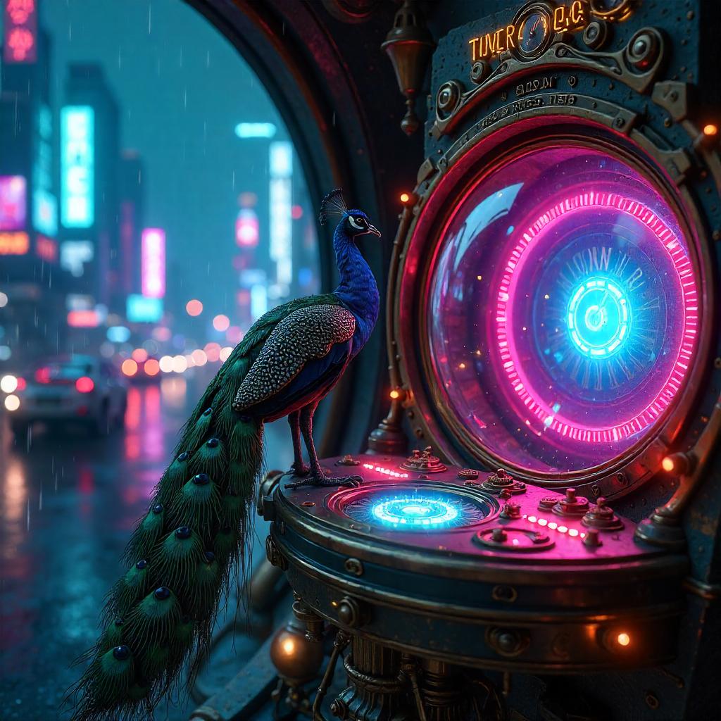 Neon Cyberpunk Peacock in a Time Machine