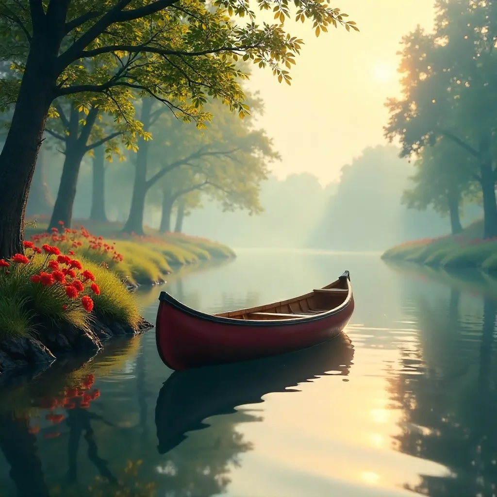 Canoe and Crimson Flowers on a Quiet River