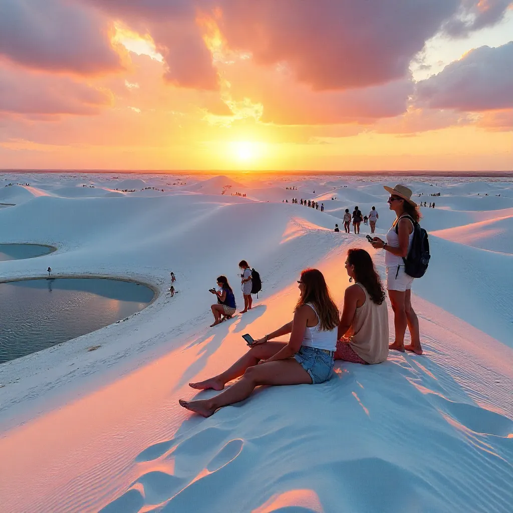 Sunset on Lençóis Dunes: Tourists in Golden Light