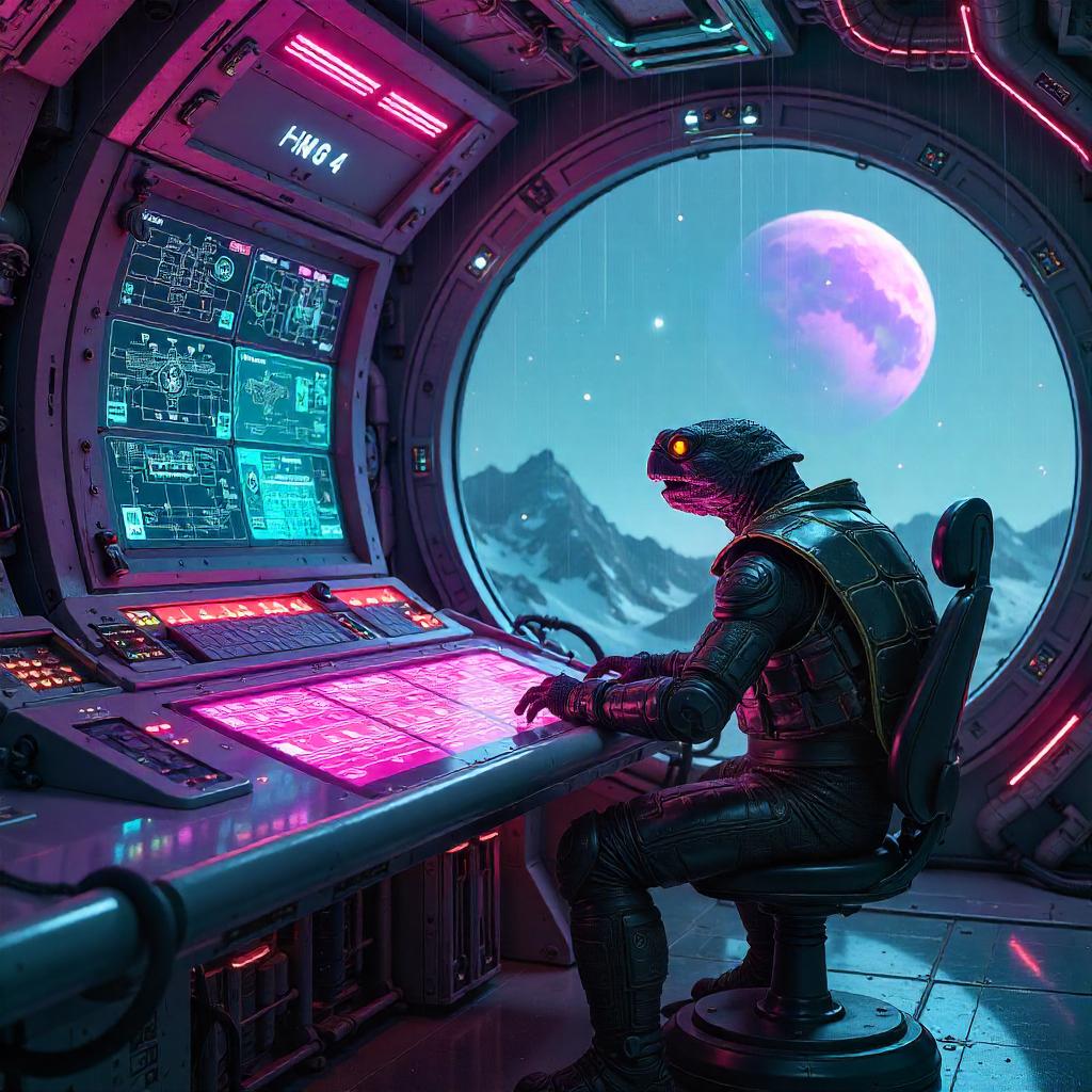 Neon Turtle at a Terraforming Station Console