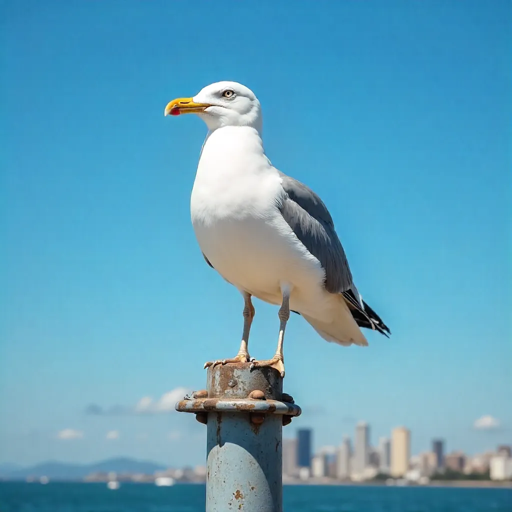 Seagull on a Streetlight: Urban Wildlife Under Blue Sky