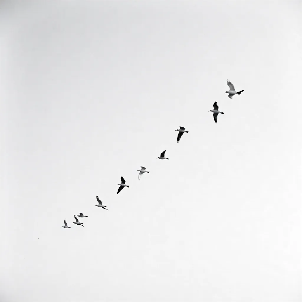 Minimalist Black and White Seagulls in Flight