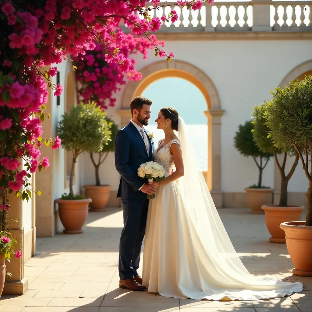 Elegant Bride and Groom in Antalya Courtyard
