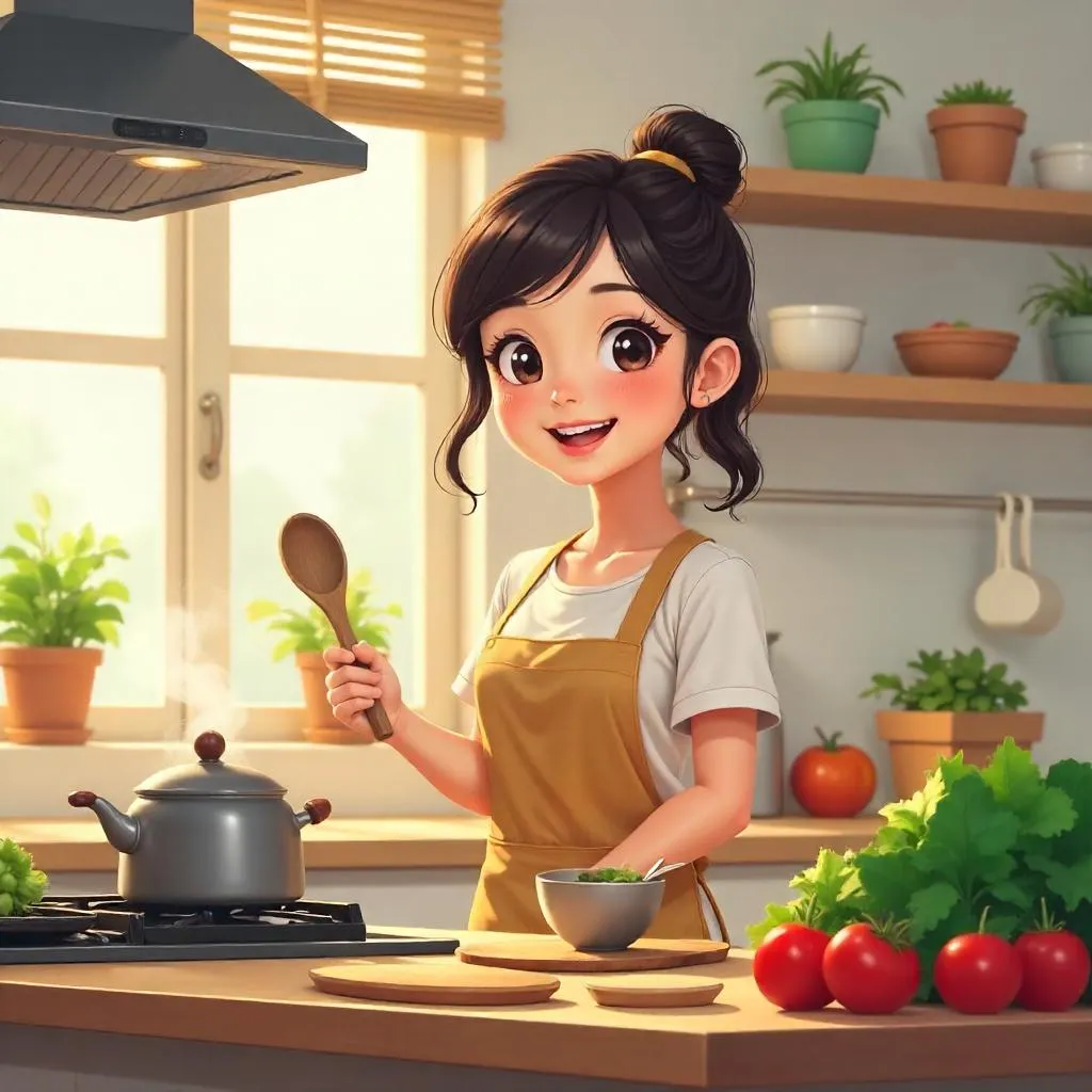 Cheerful East Asian Woman in an Anime Kitchen