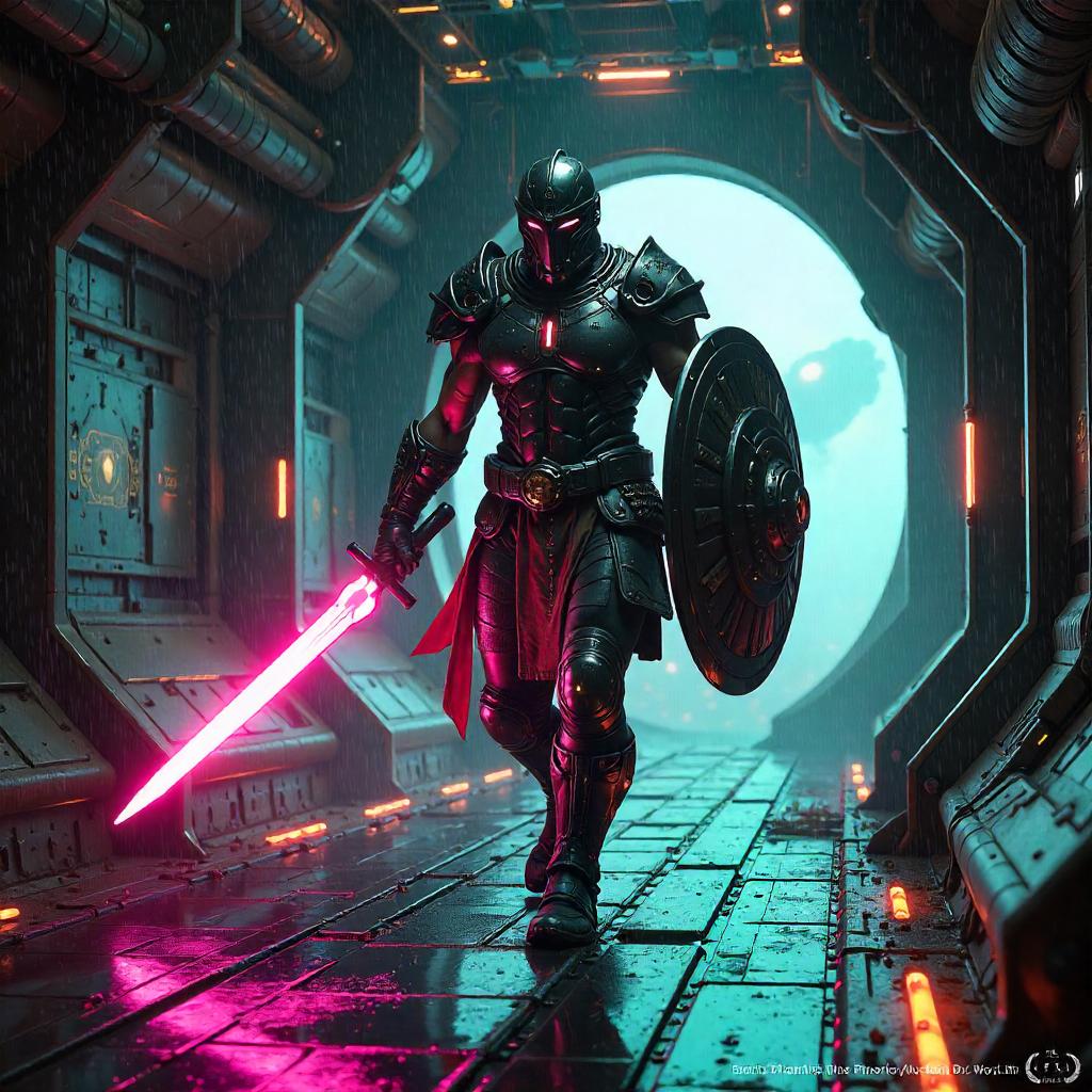 Neon Gladiator in a Cyberpunk Spaceship