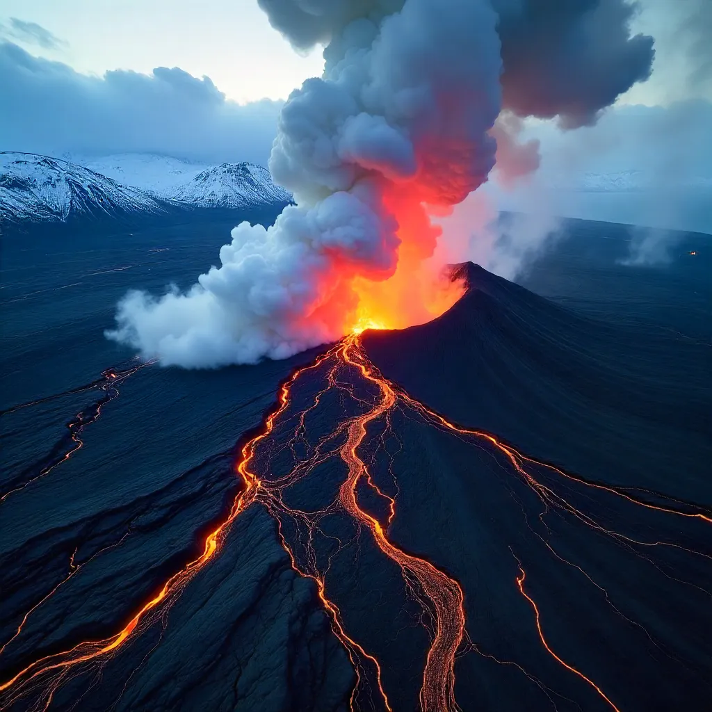 Aerial Inferno Over Grindavík: Lava Rivers and Ash Plume