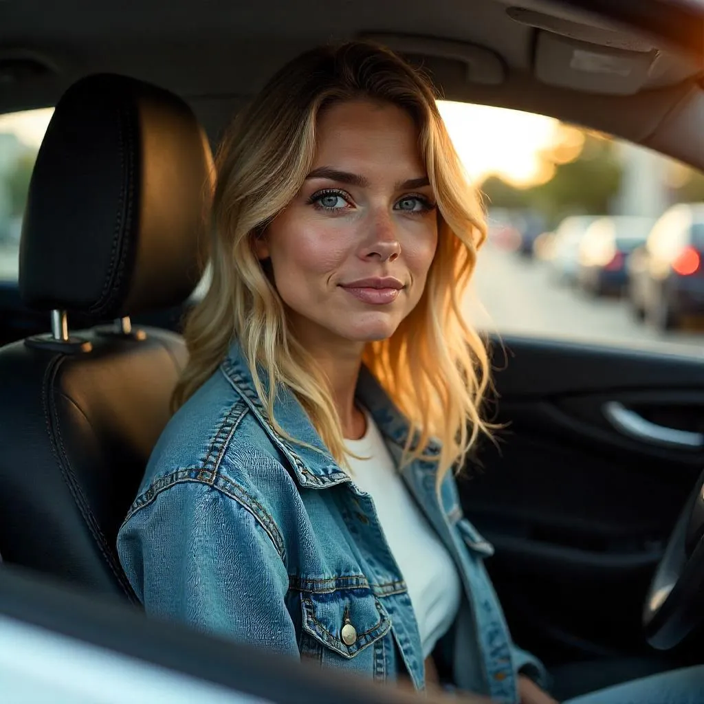 Photorealistic young woman in a car interior