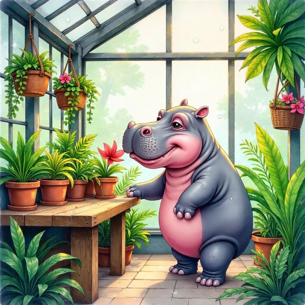 Watercolor Hippo in a Serene Greenhouse