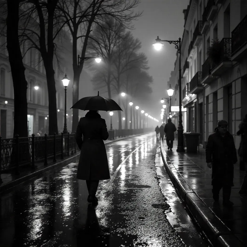 Rainy Paris Street Walk in Black and White