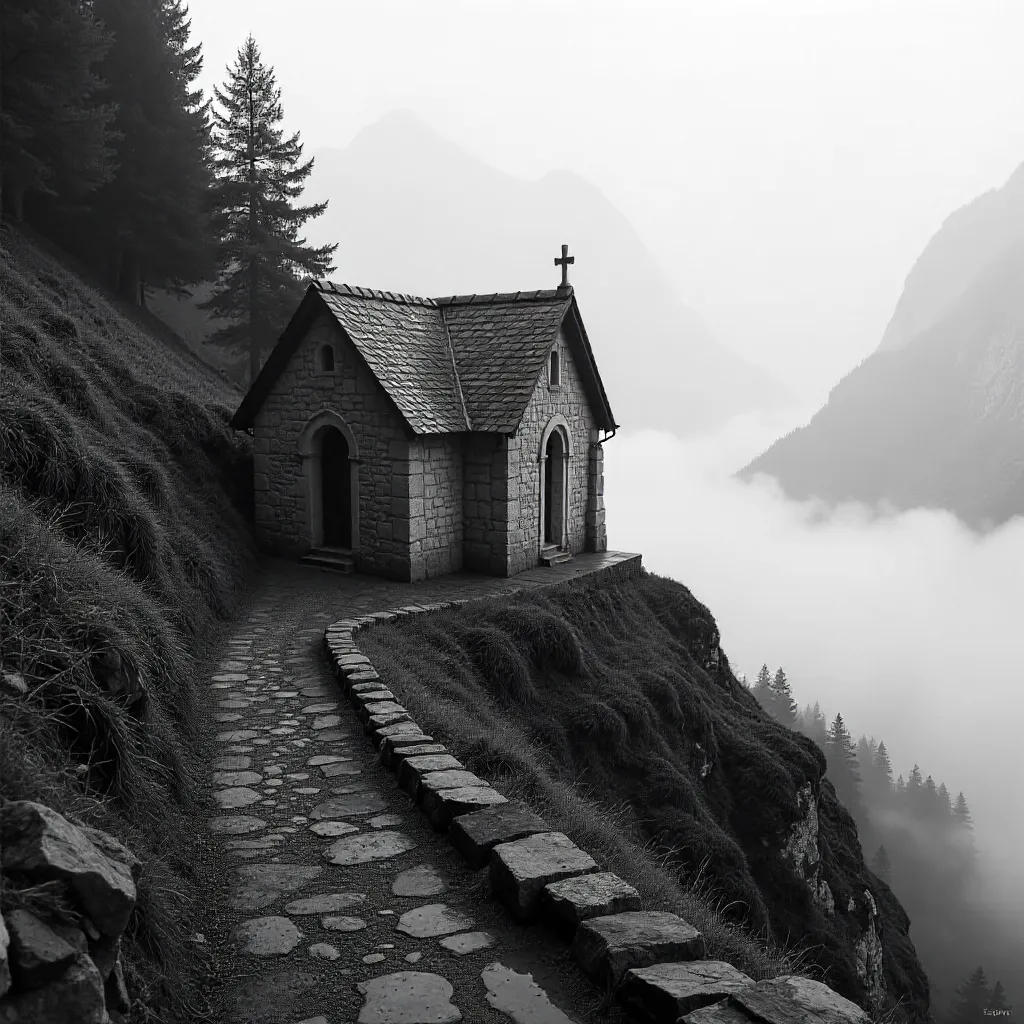 Mist-Clad Chapel on a Mountain Path