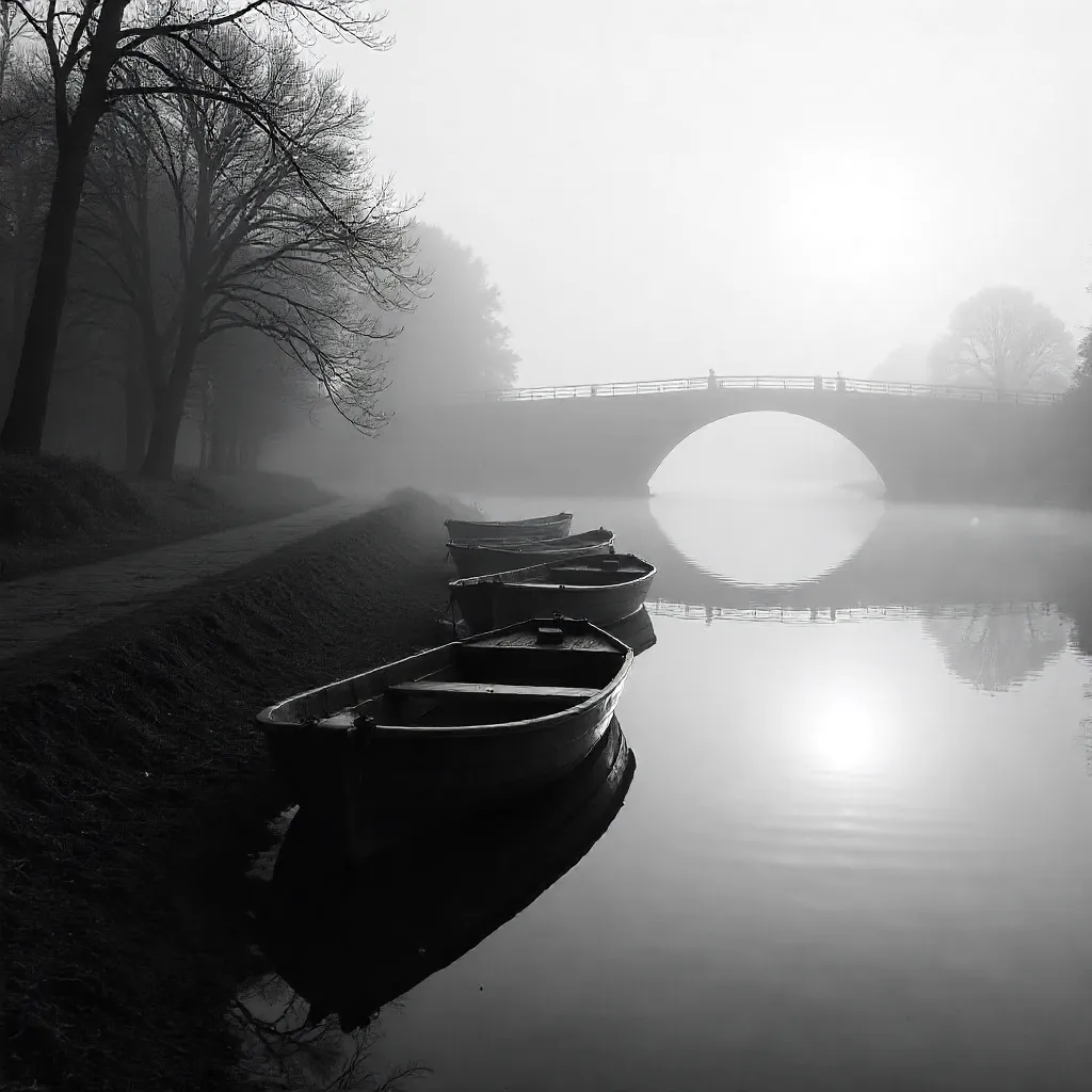 Whispering Fog: Boats by the Riverside Bridge