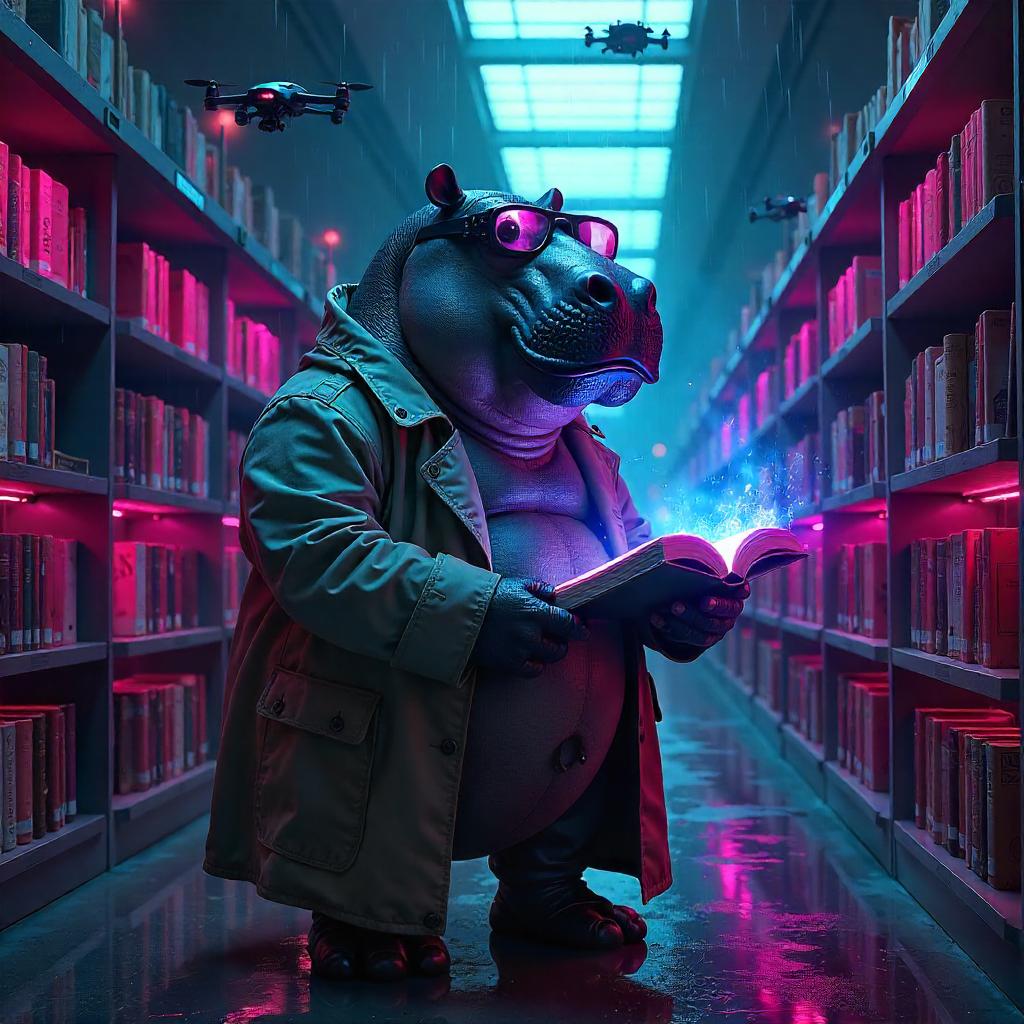 Neon Library Hippo: A Cyberpunk Librarian