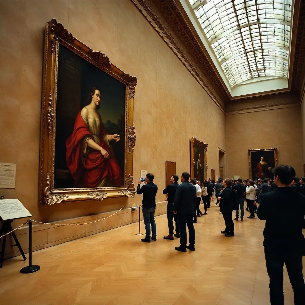 Visitors Photographing a Historic Louvre Painting