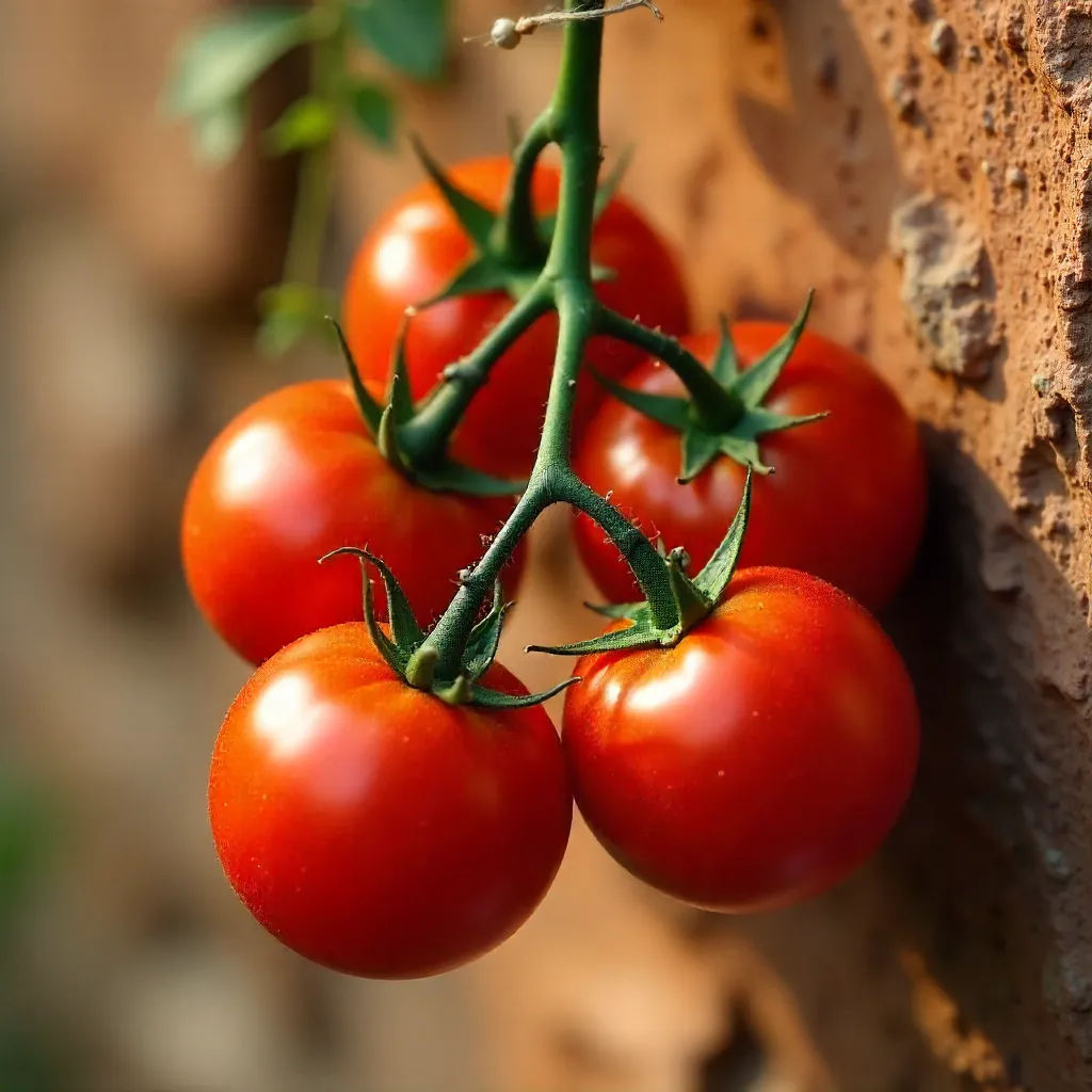 Ripe Tomatoes on Rustic Stone Wall with Orange Glow