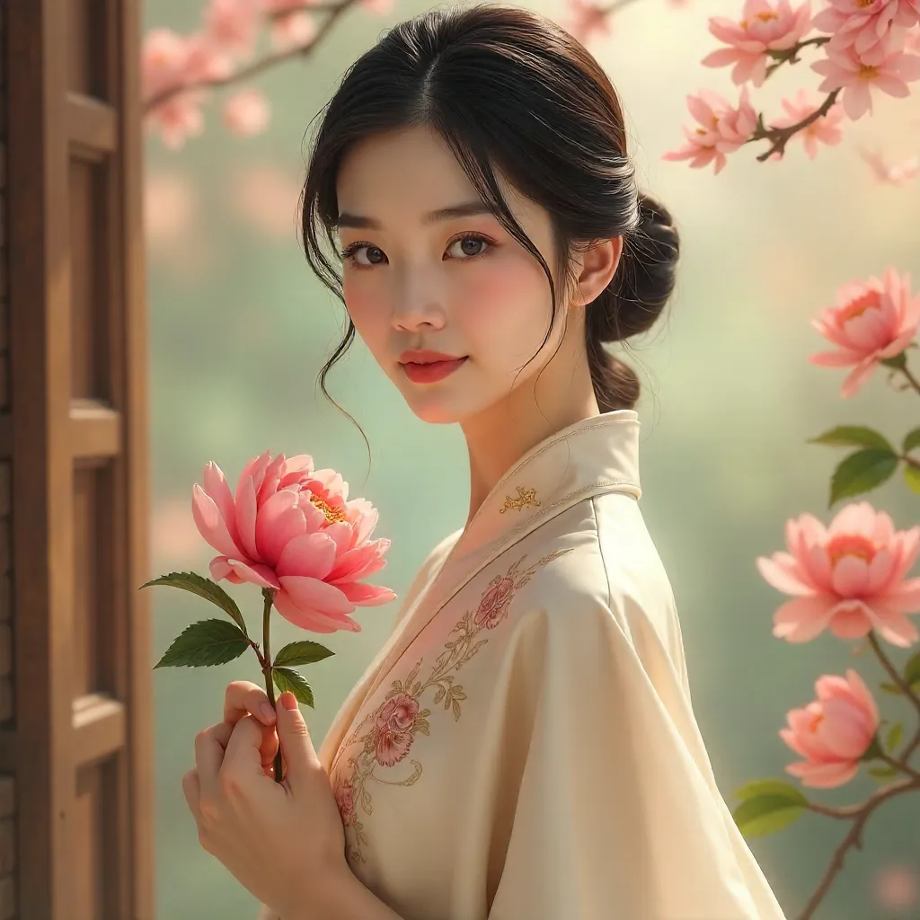 Elegant Asian Woman Portrait with a Peony