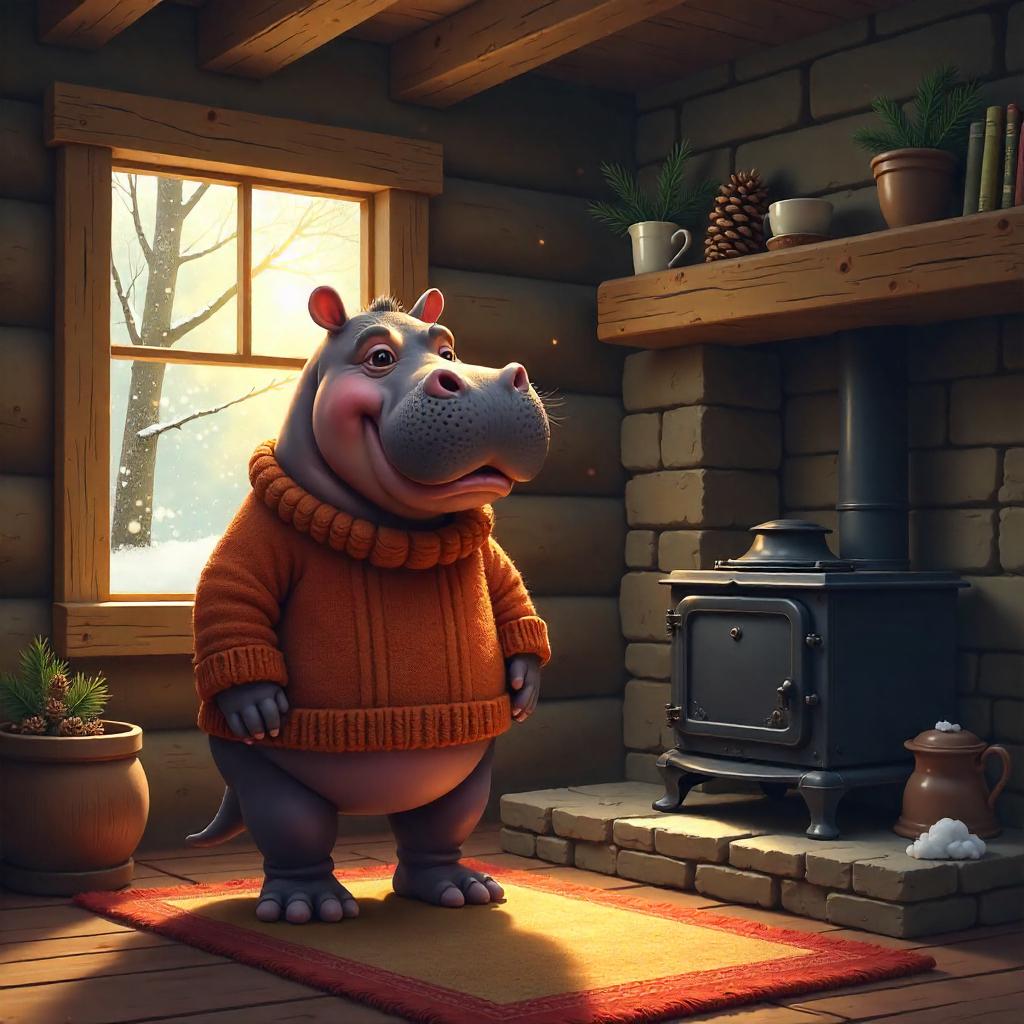 Hippo in a Cozy Log Cabin – Digital Art