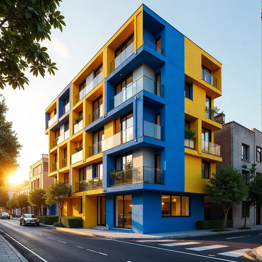 Vibrant Blue and Yellow Urban Facade