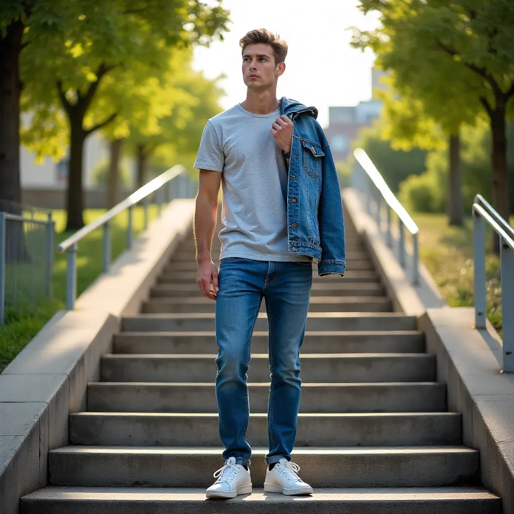 Casual Young Man on Sunlit Outdoor Staircase