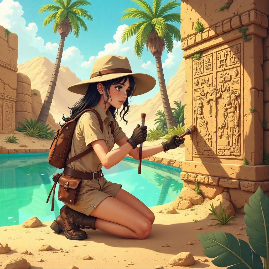 Anime Archaeologist in a Lush Oasis