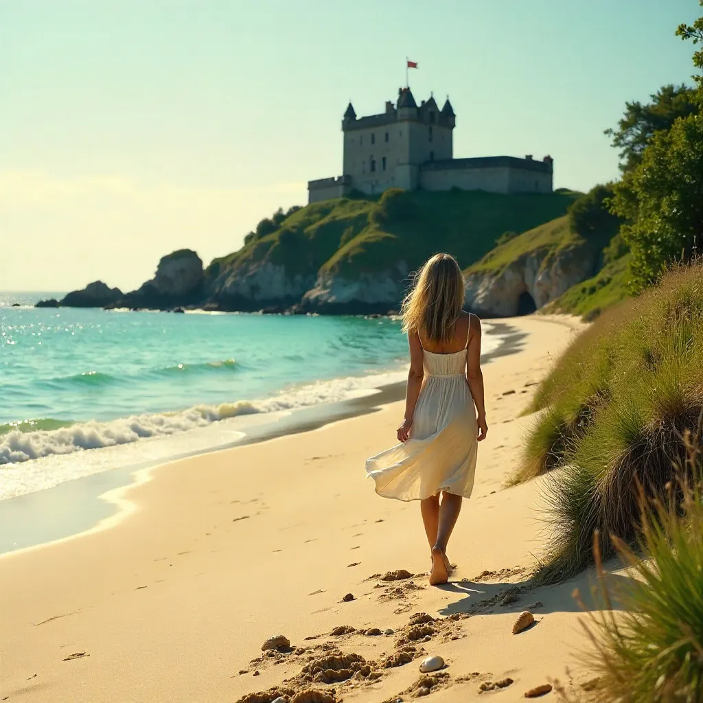 Woman on a Sunlit Beach Toward a Castle Hill