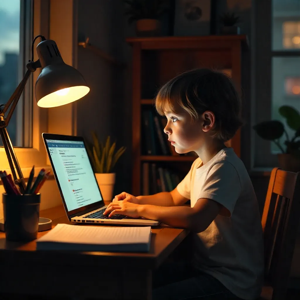 Cozy Evening Online Lesson: Child at Home Under a Desk Lamp