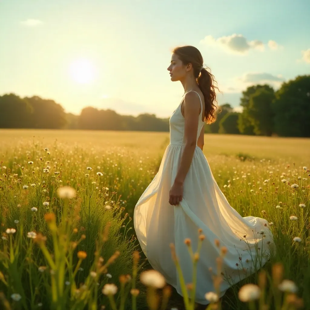 Sunlit Field Serenade: Woman in White Dress