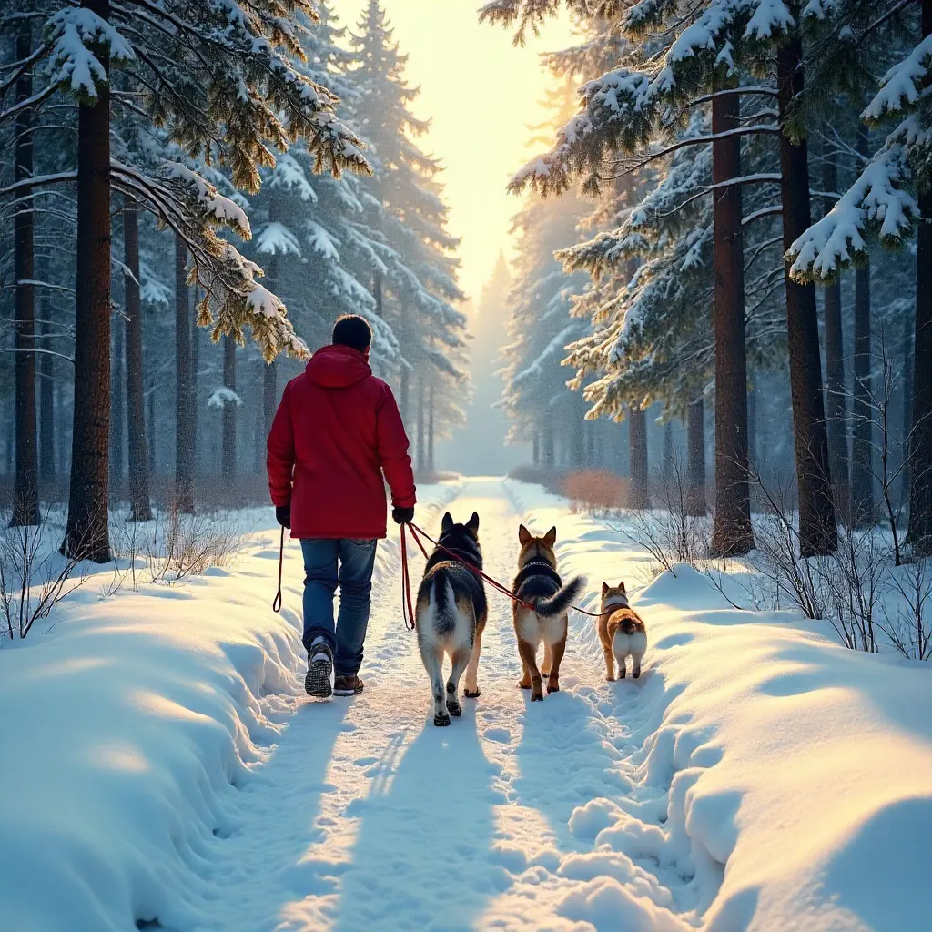 Serene Winter Forest Walk with Three Dogs