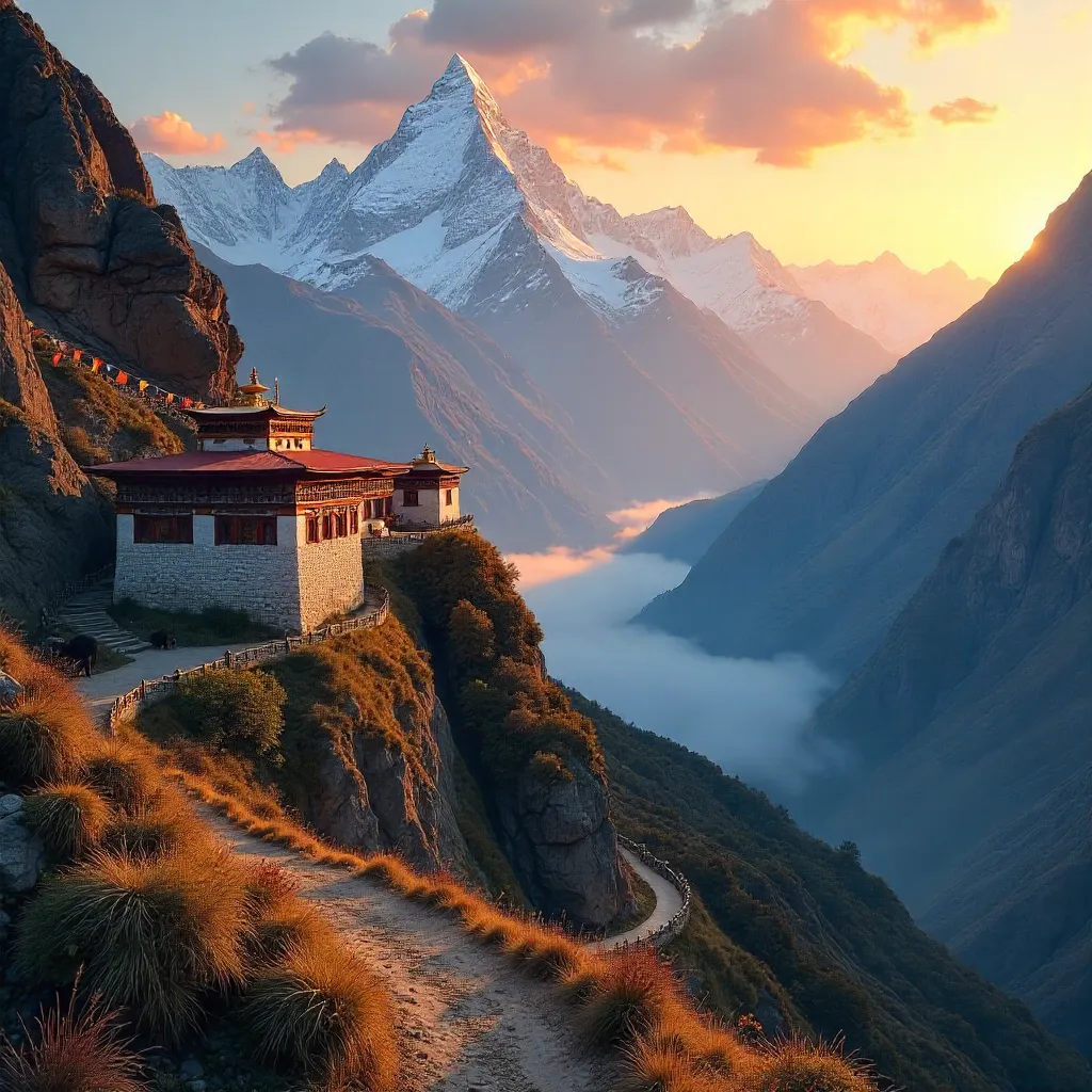 Sunset over a Tibetan village beneath snow-capped peaks