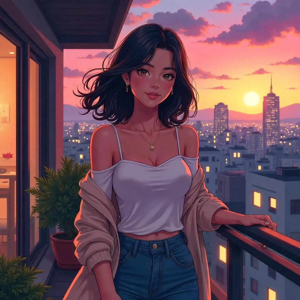 Latina Anime Woman on a Sunset Balcony