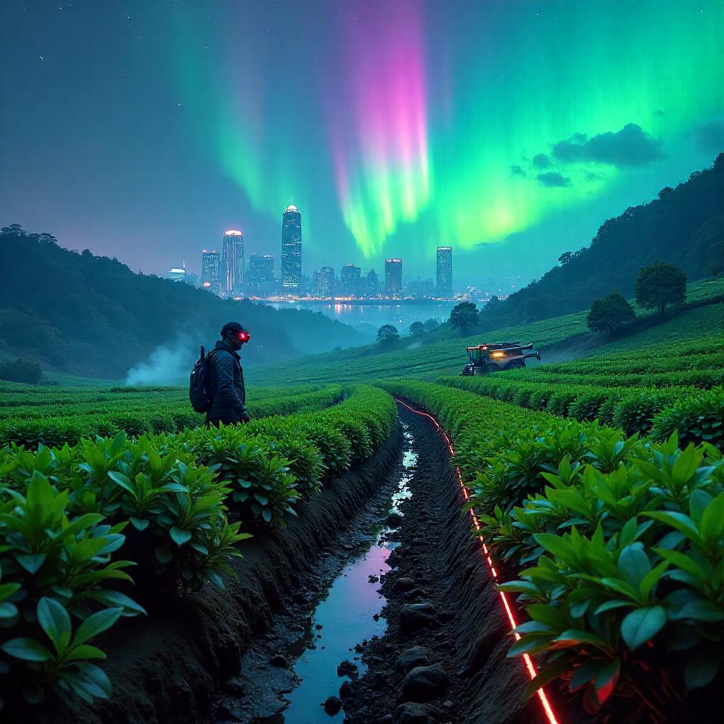 Aurora Over a Cyberpunk Tea Plantation