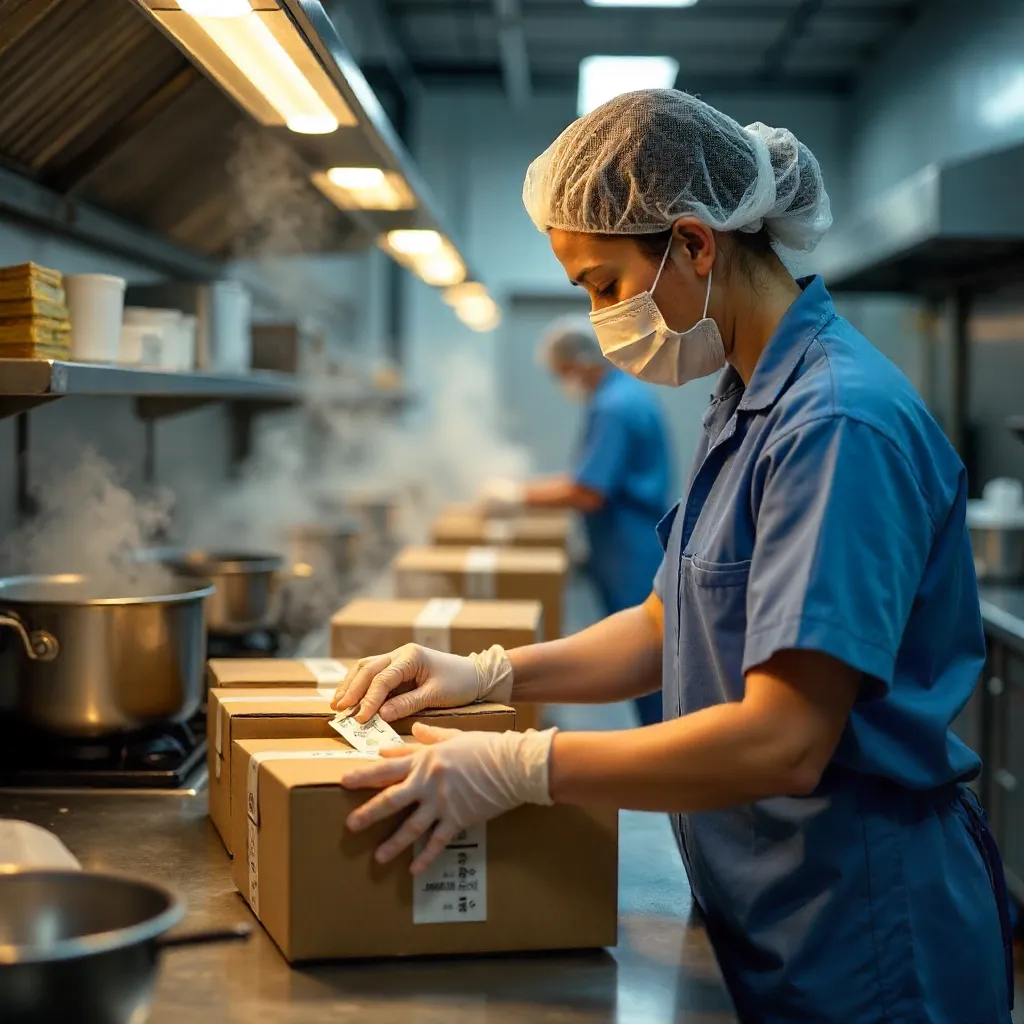 Masked Worker Packing Takeaway Meals in a Busy Kitchen
