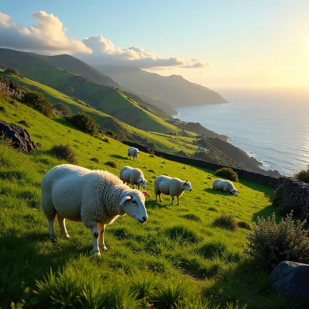 Sheep Grazing on a Lush Madeira Hillside