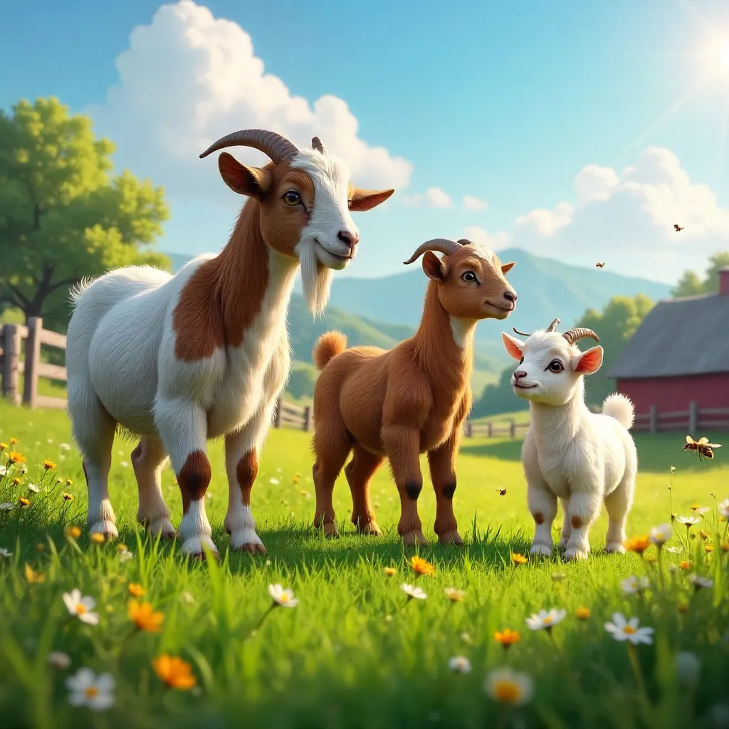 Three Goats Enjoying a Sunny Meadow on the Farm