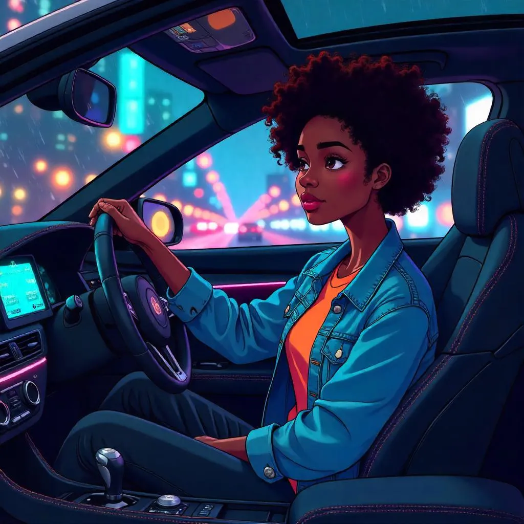 Anime-Style Young Black Woman in a Car