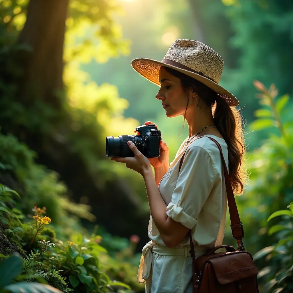 Sun Hat Photographer Amid Lush Verdant Greens
