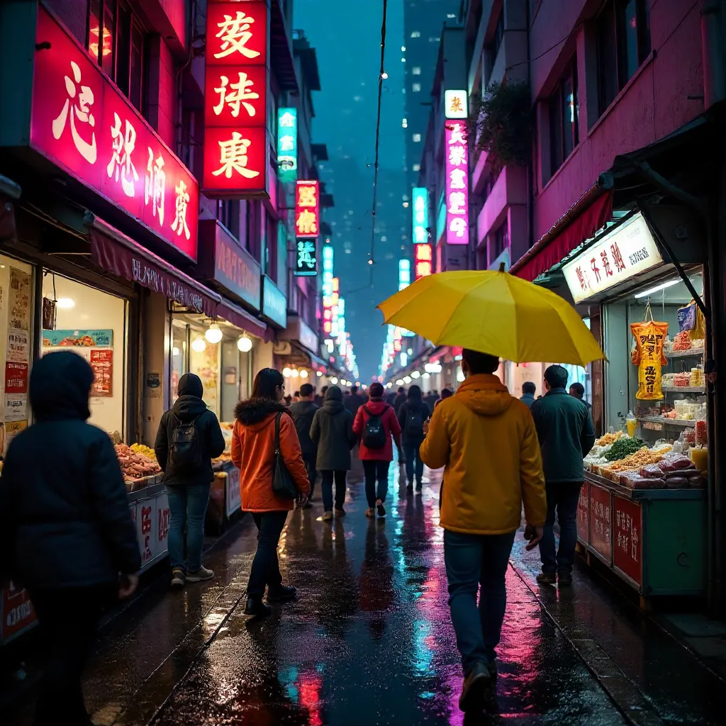 Vibrant Hong Kong Street with Yellow Umbrella