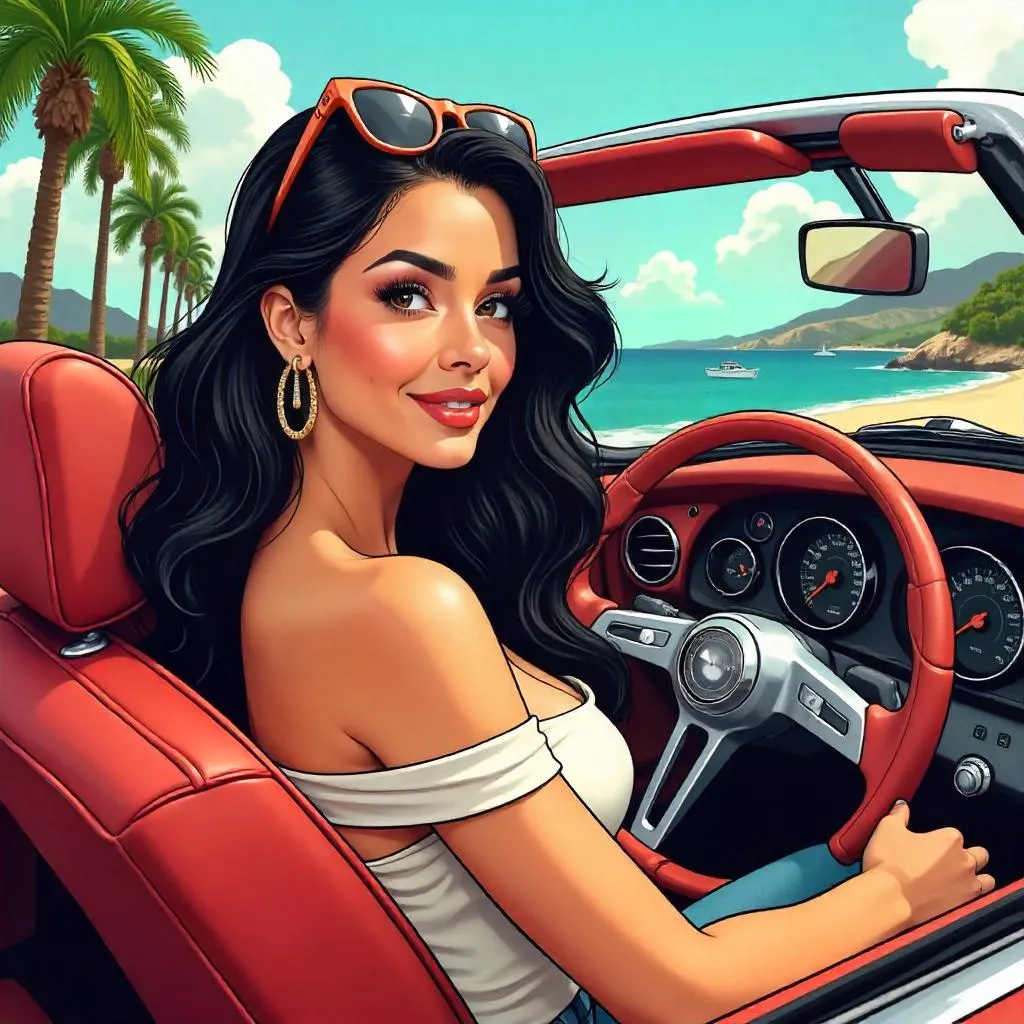 Elegant Latina in a Cartoon Car