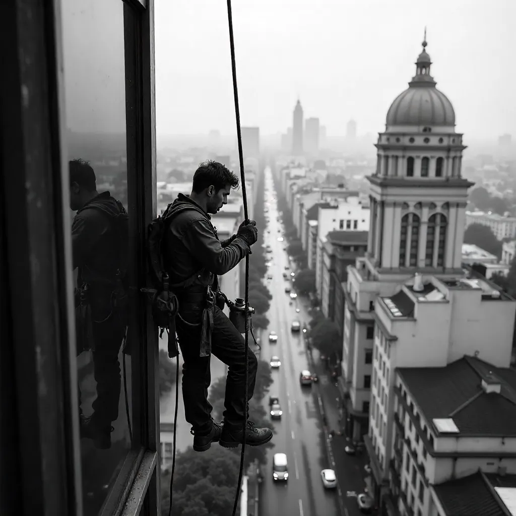Monochrome Window Cleaner over Buenos Aires Skyline