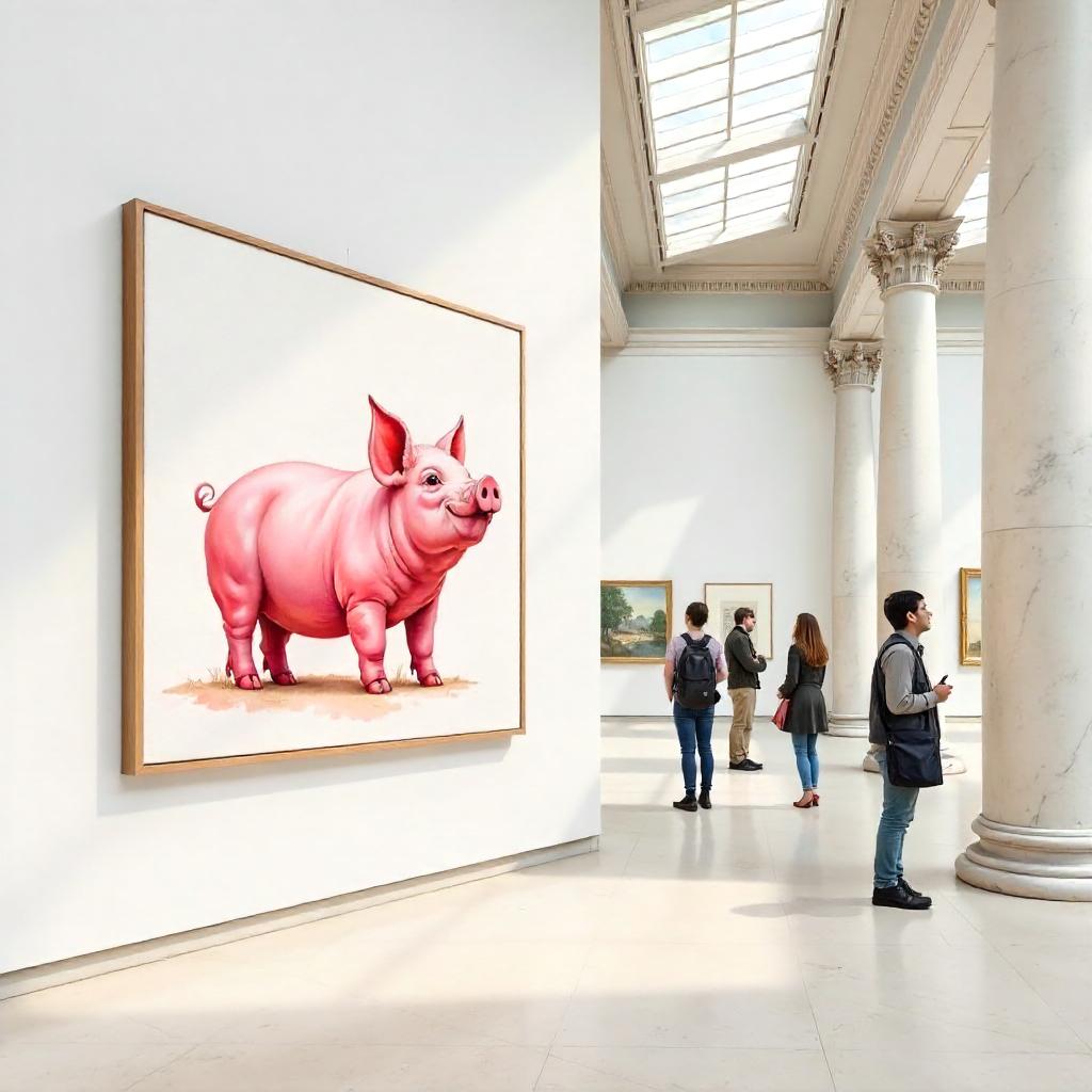 Pig in a Watercolor Museum Gallery