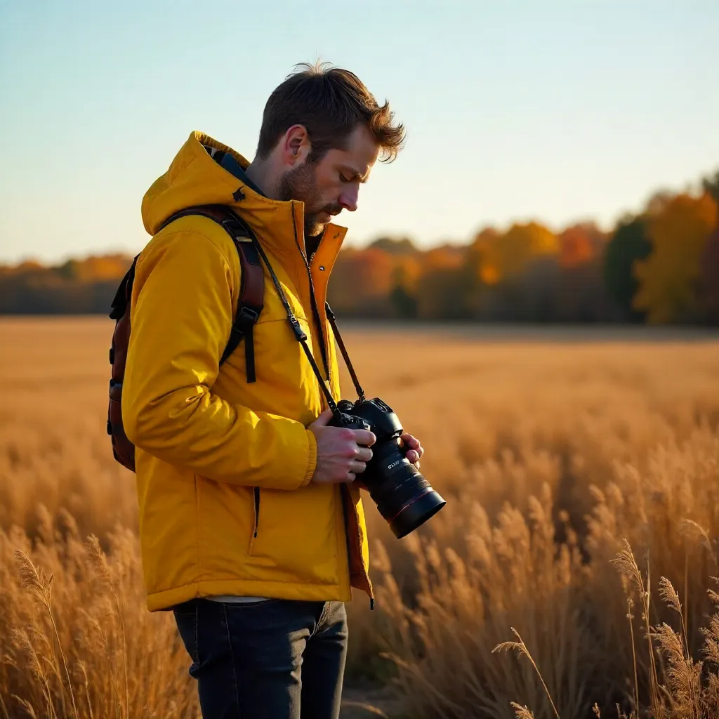 Autumn Field Photographer in Yellow Jacket
