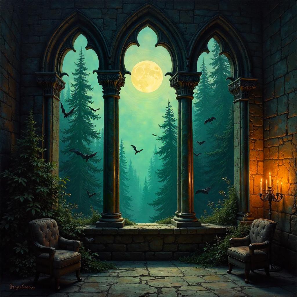 Moonlit Forest Through a Vampire Castle Window