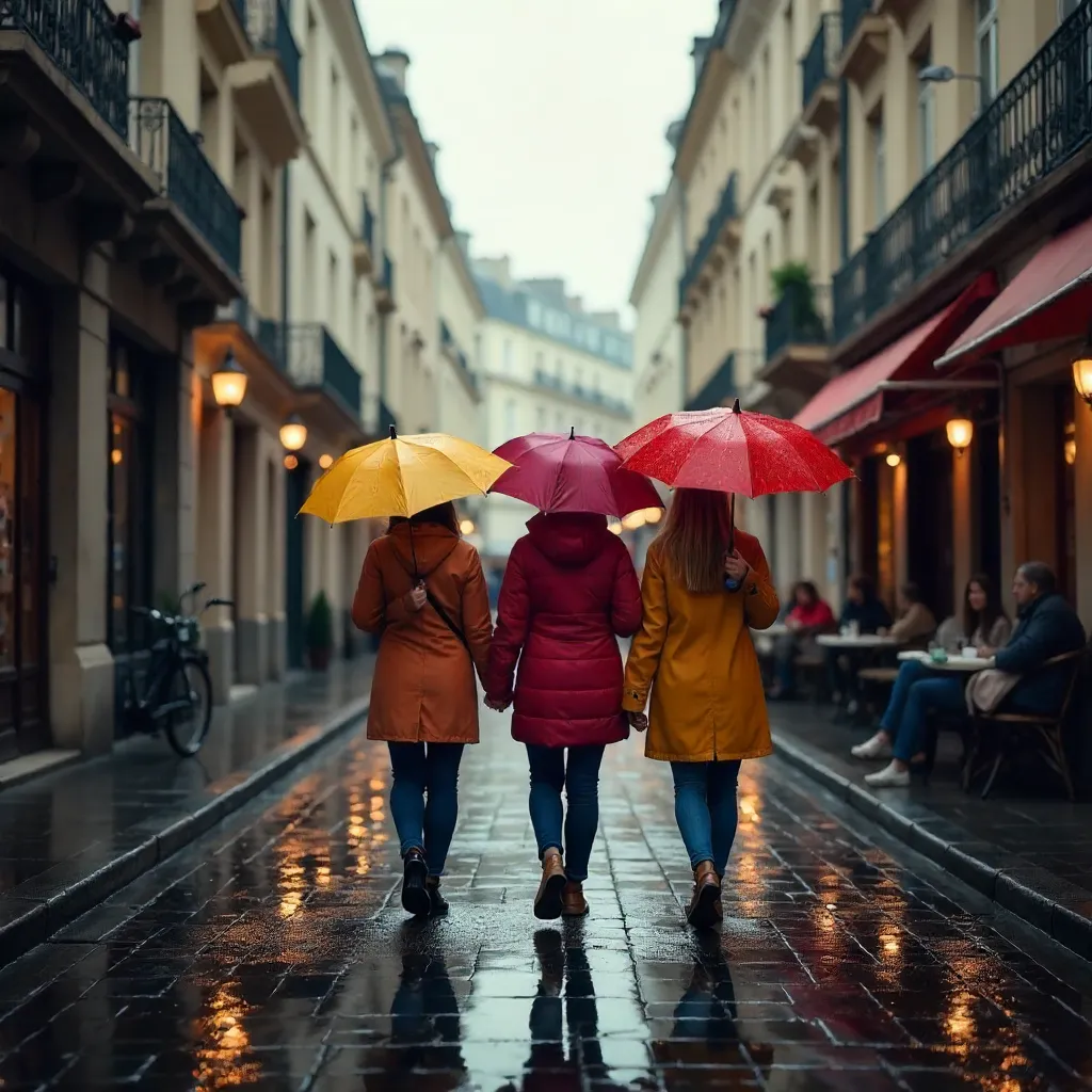 Three Umbrella-walkers on a Rainy French Street