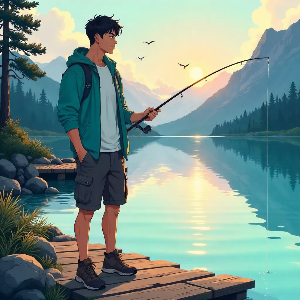 Athletic Asian Man Fishing at Sunrise - Anime Style